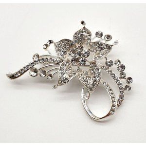Floral Brooch Womens Silver Tone Color Metal Rhinestone Mom Gift Jewelry